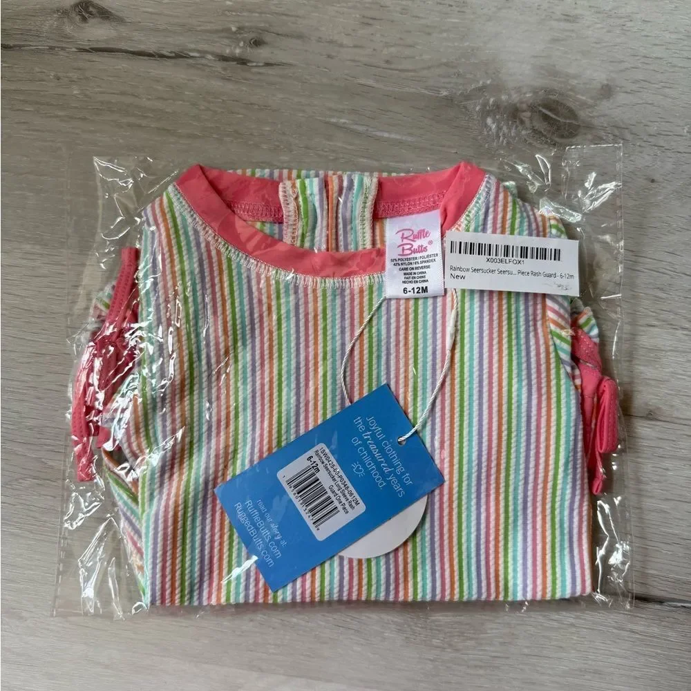 Ruffle Butts Rainbow Seersucker Long Sleeve One Piece‎ Rash Guard 6-12Months Nwt